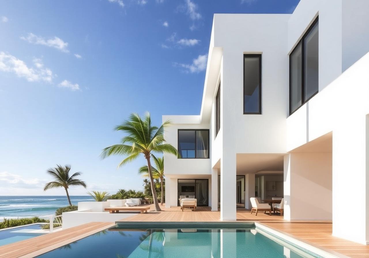 Cove coastal home with palms and pool